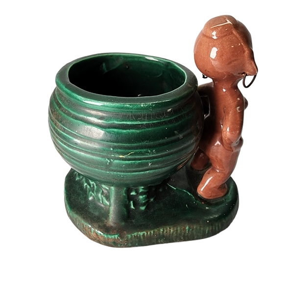 VINTAGE Green Brown Ceramic African Woman Figure Planter Pot - Picture 4 of 9